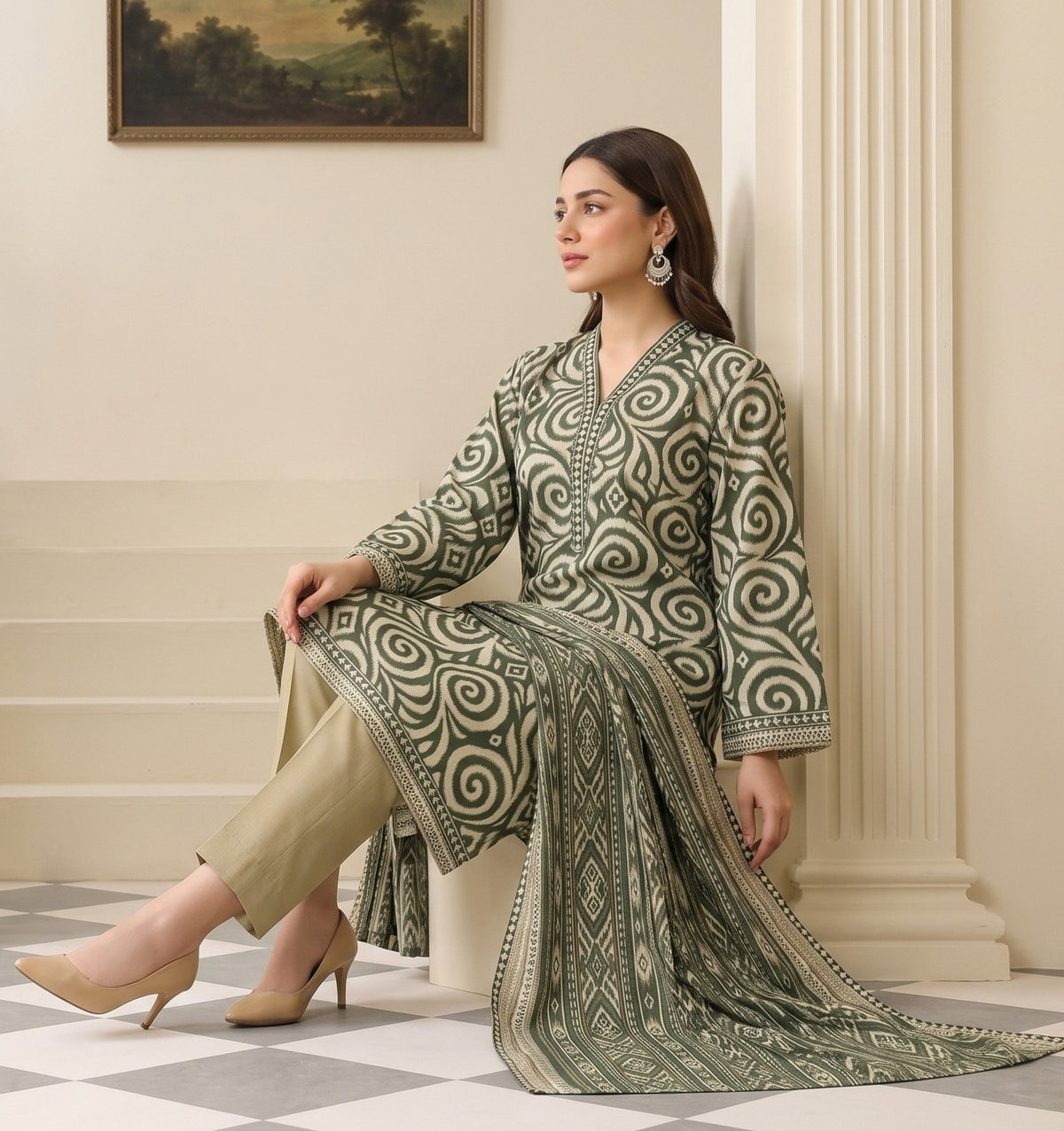 Sage Green Printed Khaddar 3-Piece Suit