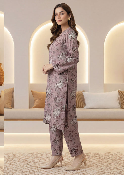 Rose Taupe Linen Stitched Staple Digital print suit