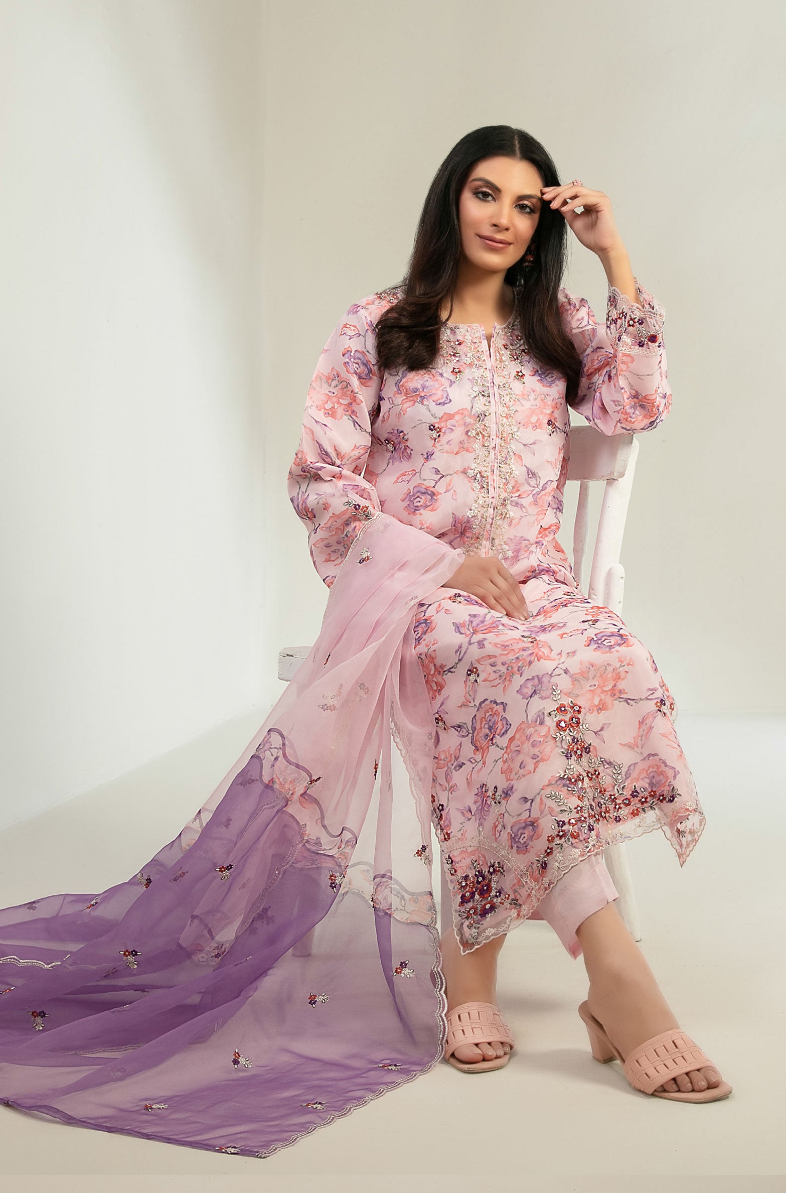 Peach Blush Stitched Fancy Embrioderd organza suit
