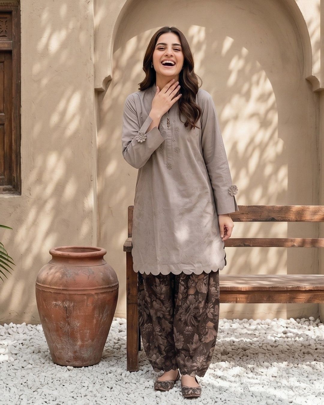 Dusty Brown Modern Solid 2PC - Chic shirt with digital print trouser