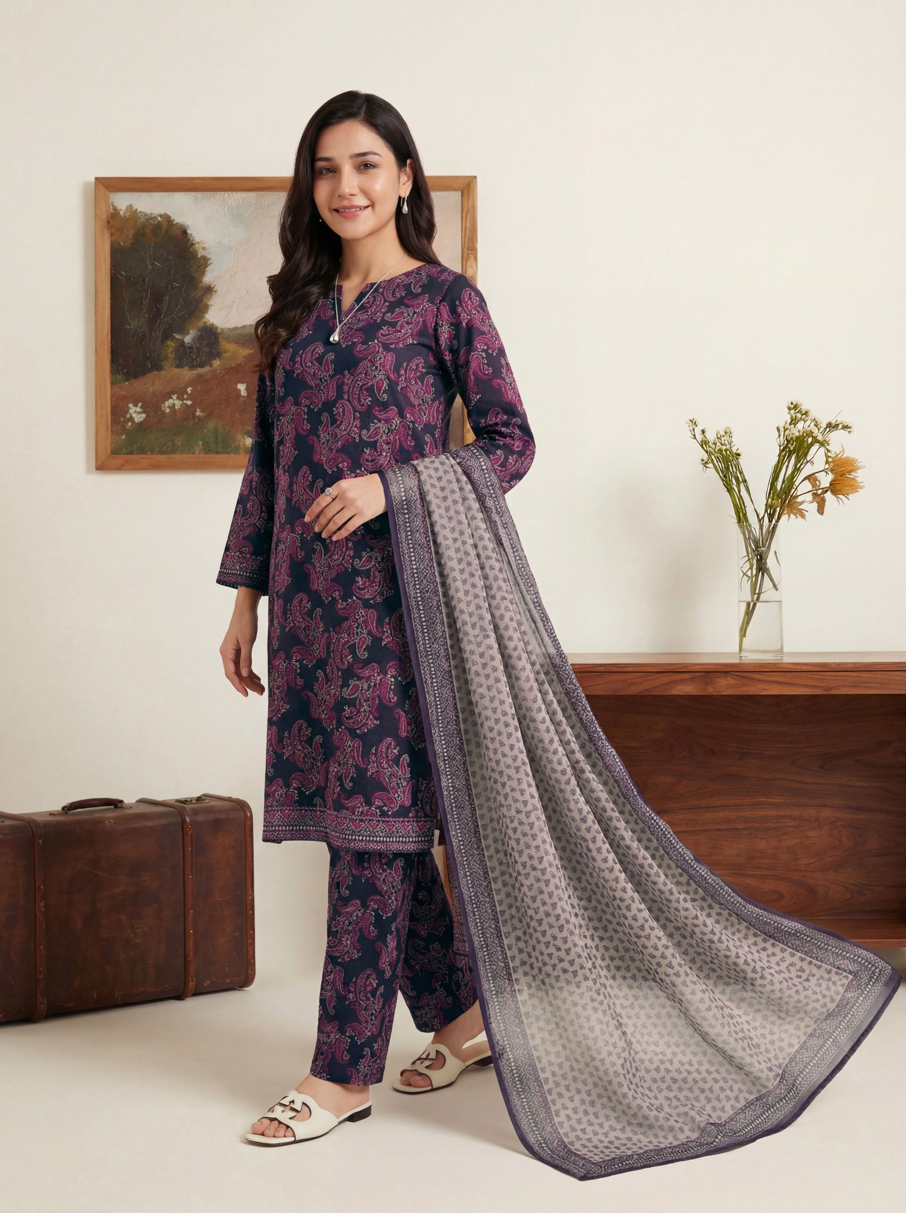 Charcoal Indigo Elite Lawn Rotary Print 3PC Ready-to-Wear