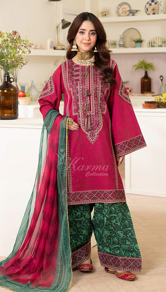 Cerise Pink Embroidered Lawn Suit with Printed Trouser & Chiffon Dupatta