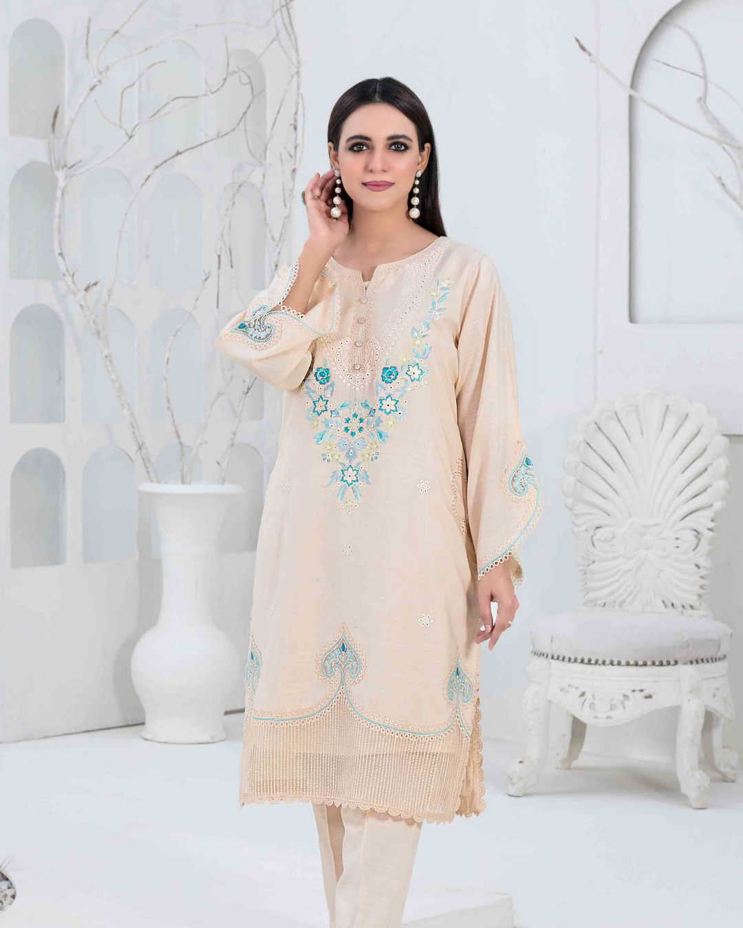 Beige Embroidered Slub Linen 2-Piece Suit