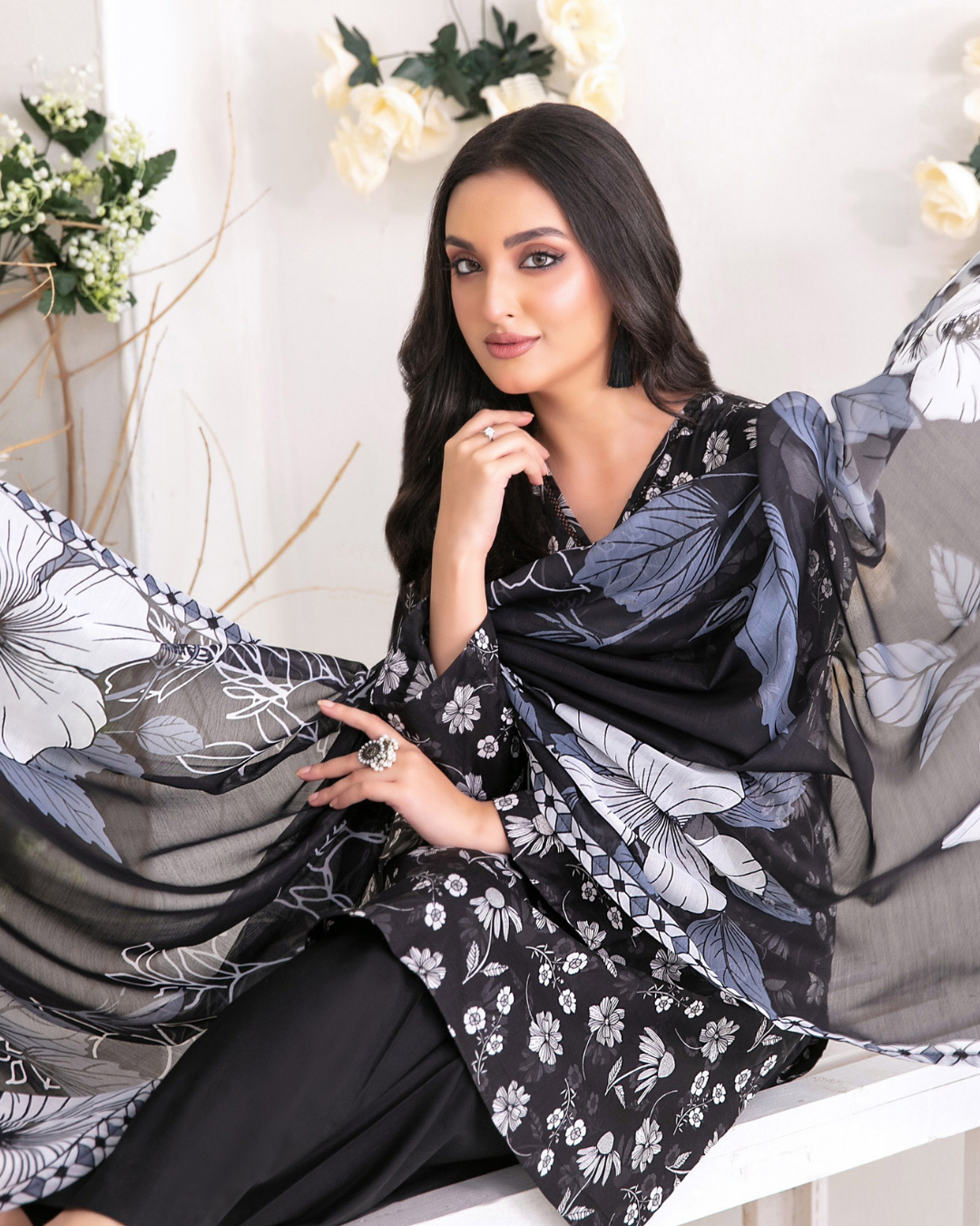 Black & White Floral Printed Suit with Monochrome Dupatta