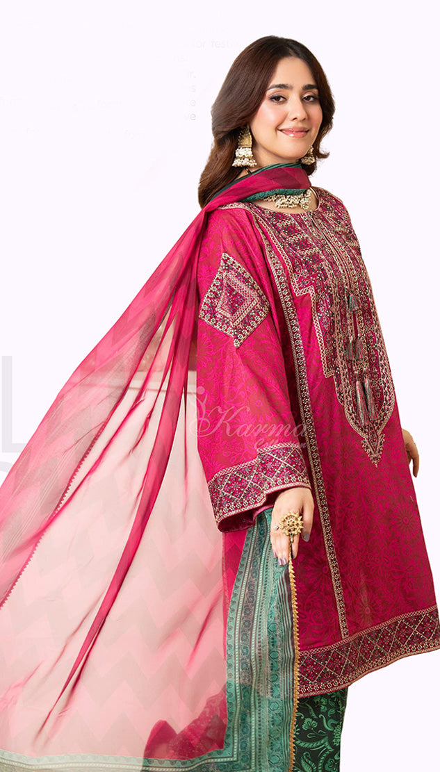 Cerise Pink Embroidered Lawn Suit with Printed Trouser & Chiffon Dupatta
