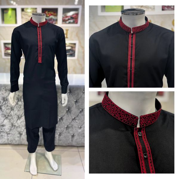 Black with Red Embroidery Kurta Trouser