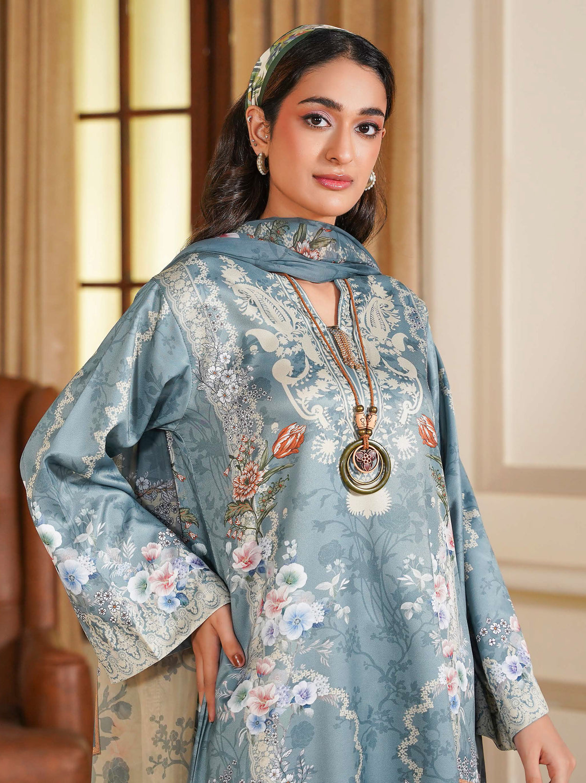 Dusty Blue Floral Printed 3-Piece Suit with Cream Borders
