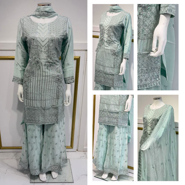 Chiffon Baby Blue Sharara with the Pearl and Sequence Work