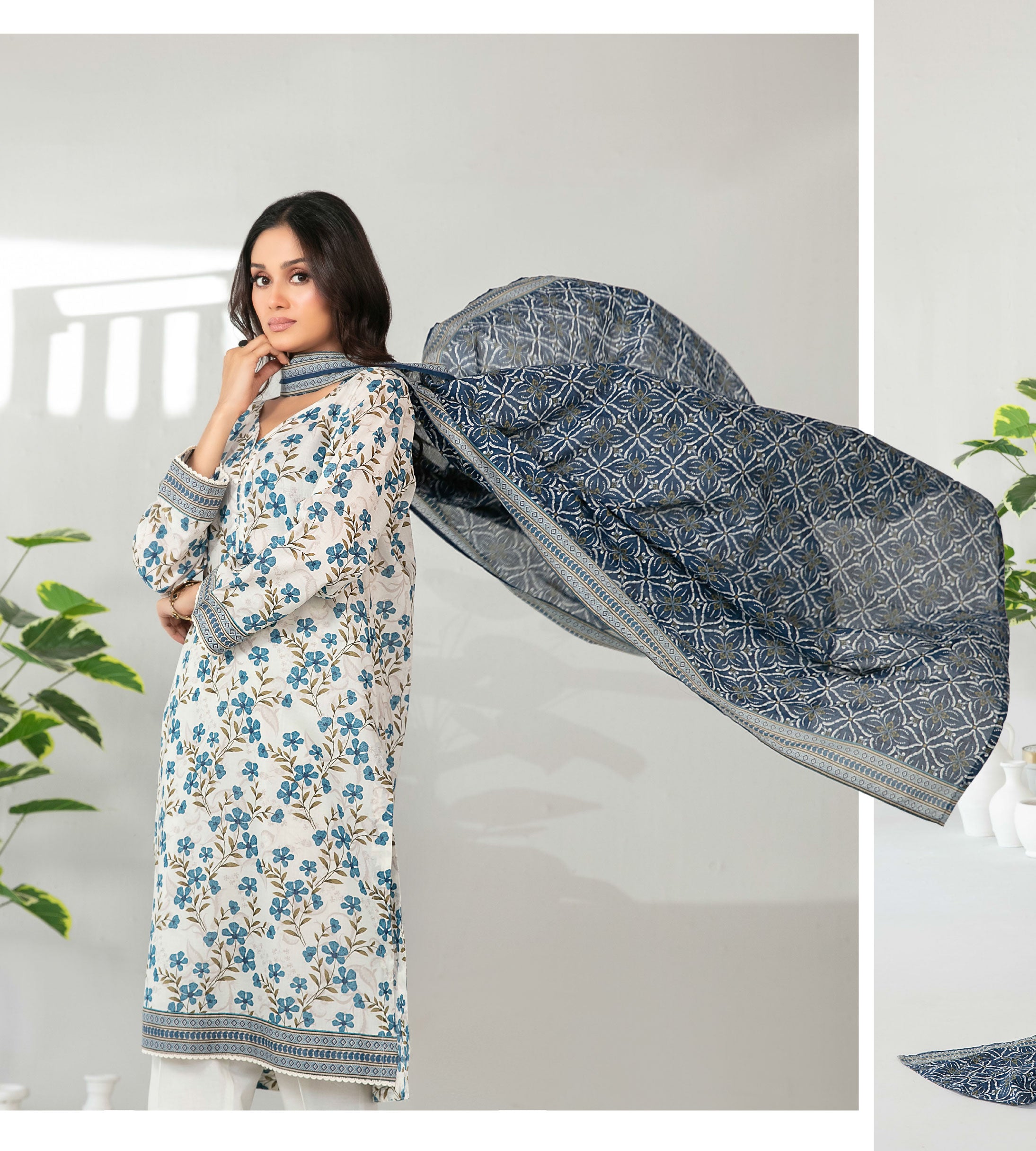 Pearl Gray Stitched Lawn suit with Lawn Rottayu Printed Dupatta