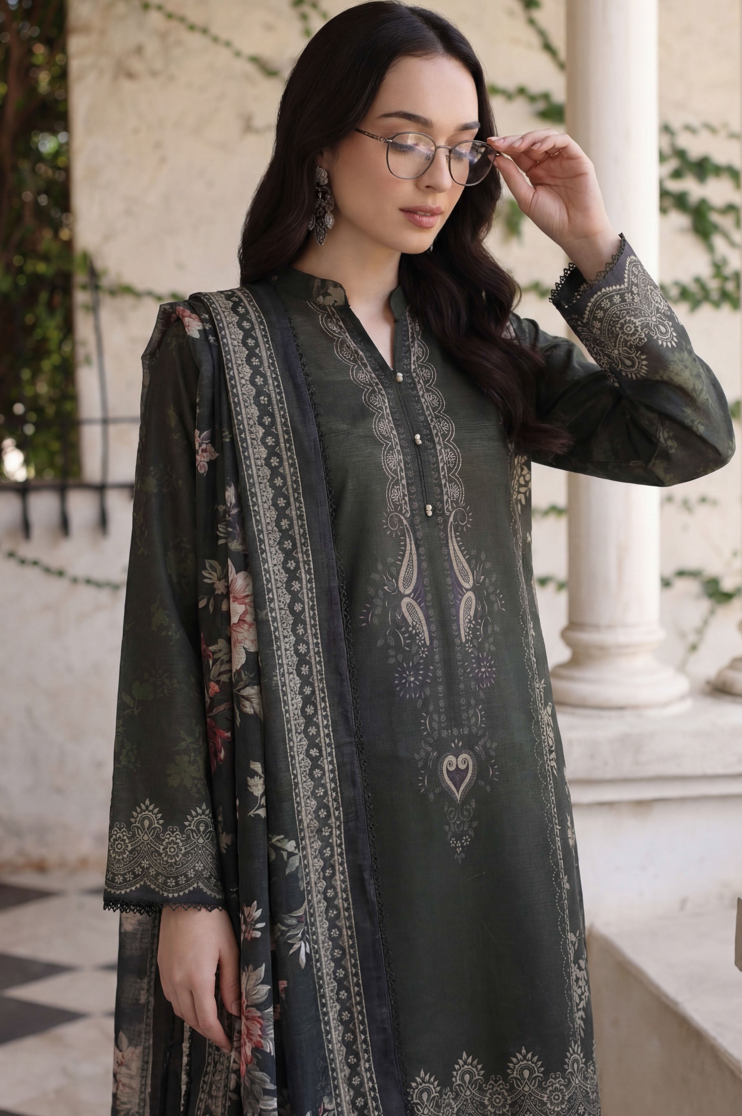 charcoal green 3pc Lawn Stitched Suit