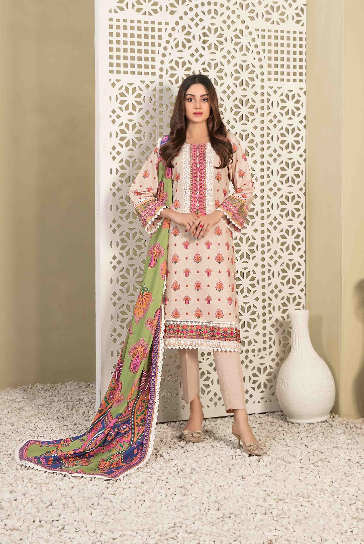 Beige Khaddar Embroidered 3-Piece Suit with Multicolor Printed Dupatta