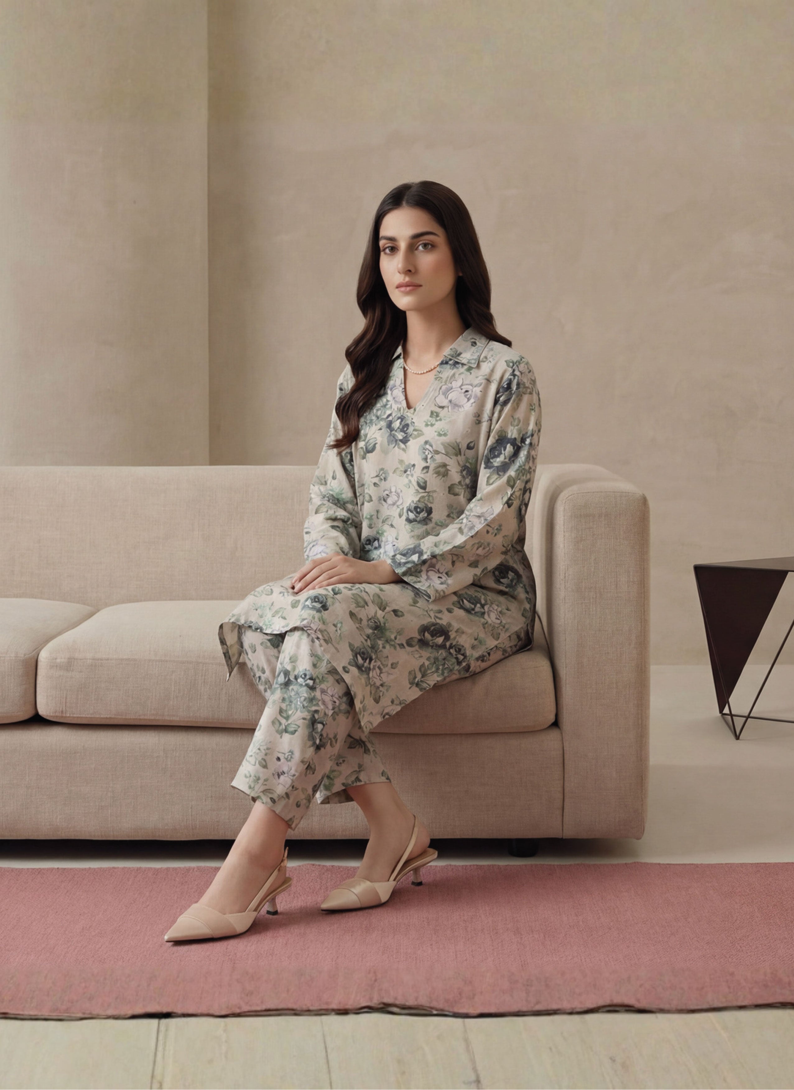 Warm Gray Linen Stitched Staple Digital print suit