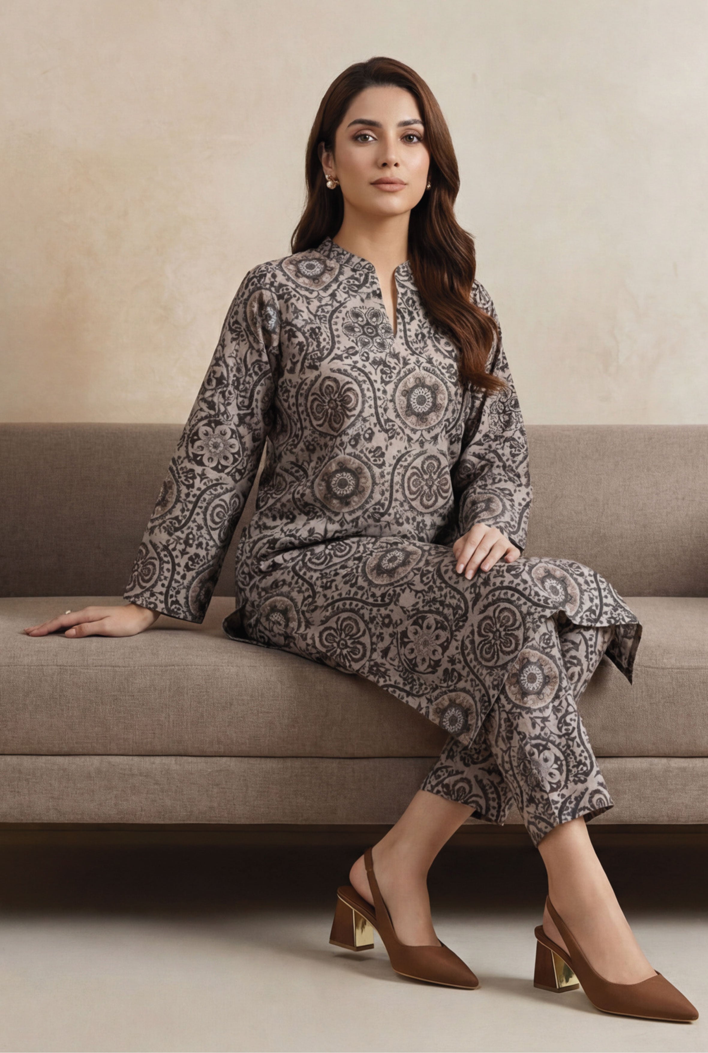 Dusty Taupe Linen Stitched Staple Digital print suit