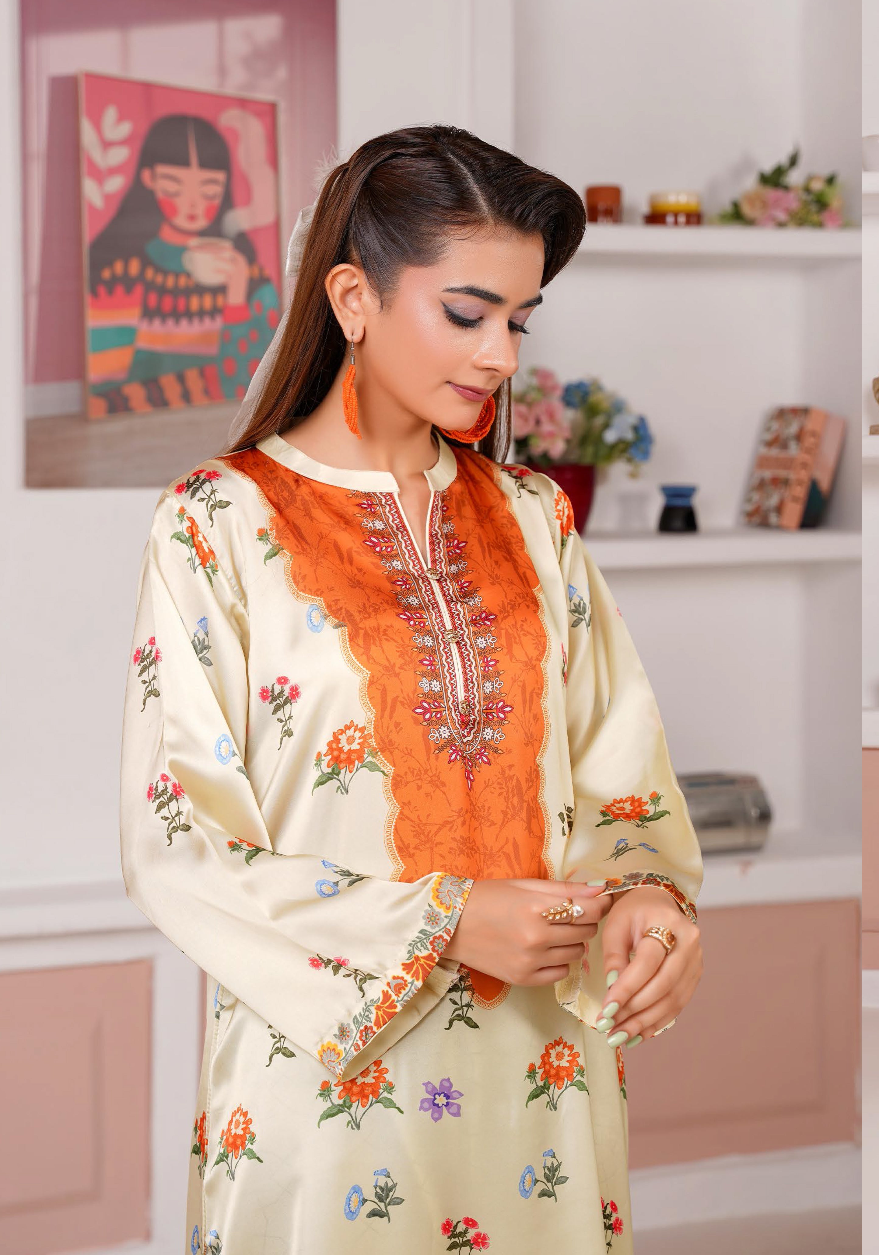 Cream Floral Printed Silk Long Shirt & Trouser