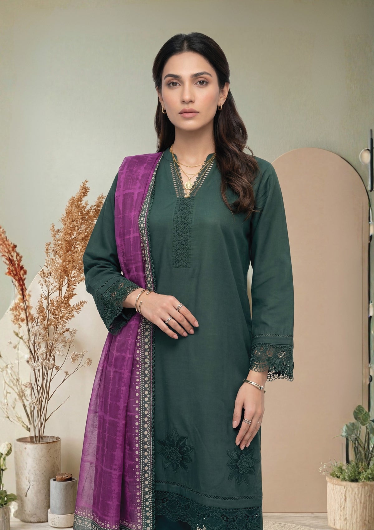 Deep Green Embroidered 3-Piece Suit with Purple Digital Print Dupatta