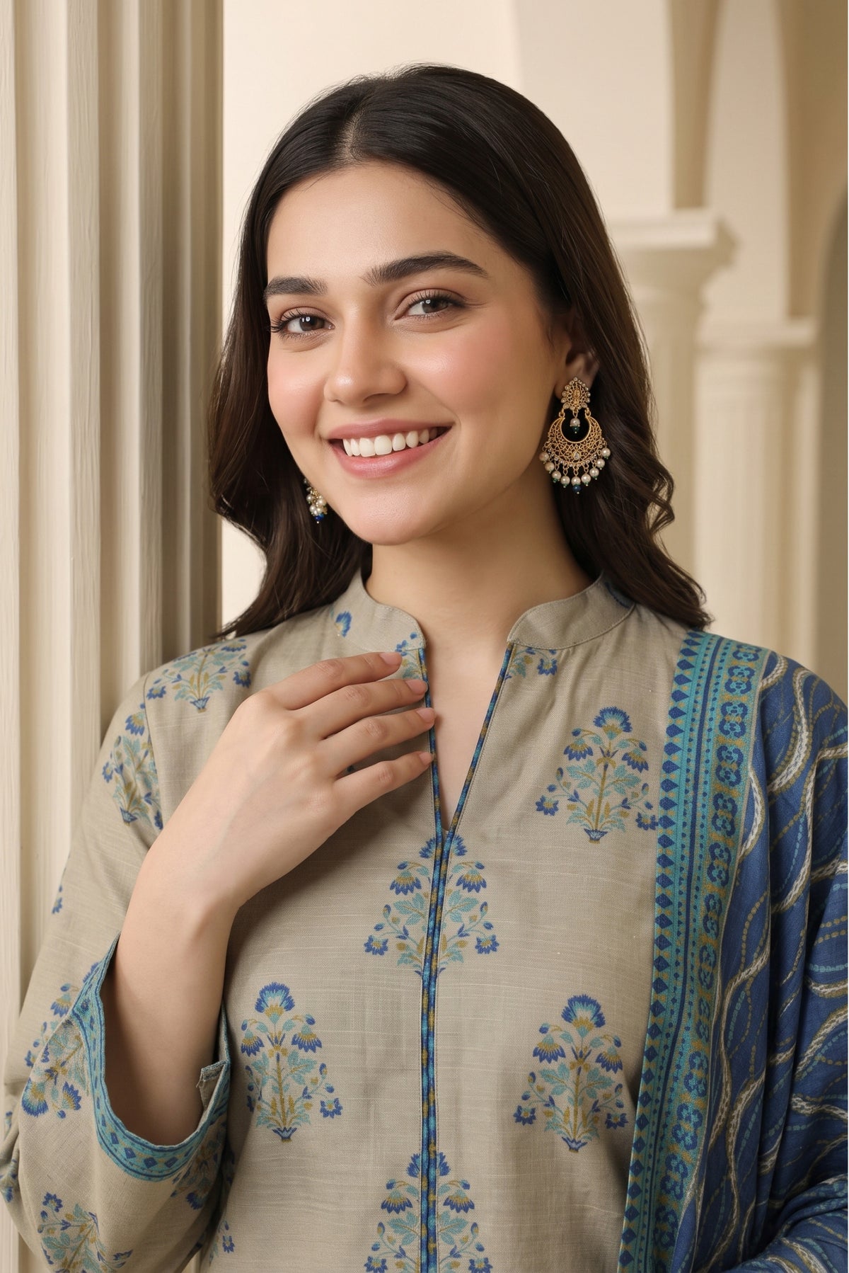 Beige & Royal Blue Printed Khaddar 3-Piece Suit
