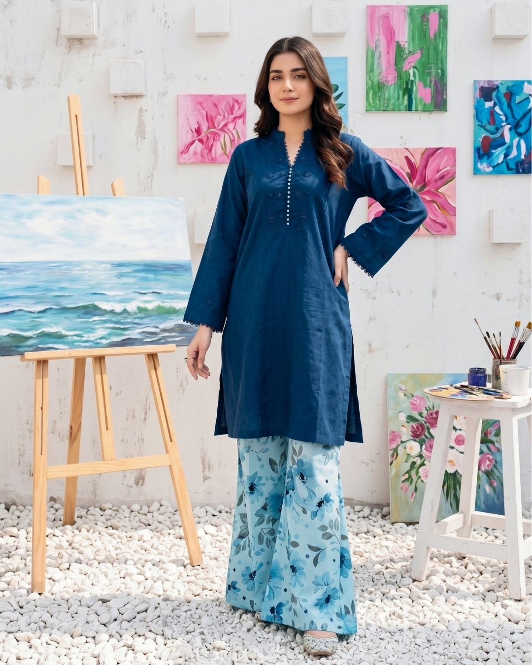 Navy Blue Modern Solid 2PC - Chic shirt with digital print trouser