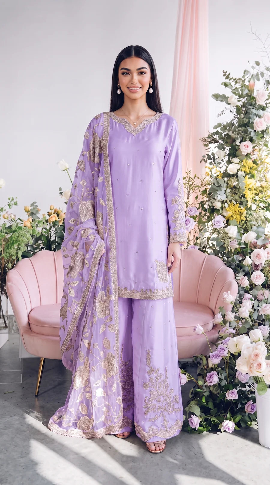 3pc Lavender sharara with Dori work