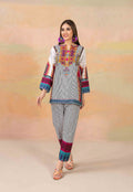 White and Black Striped Khaddar 2-Piece Suit with Multicolor Printed Borders