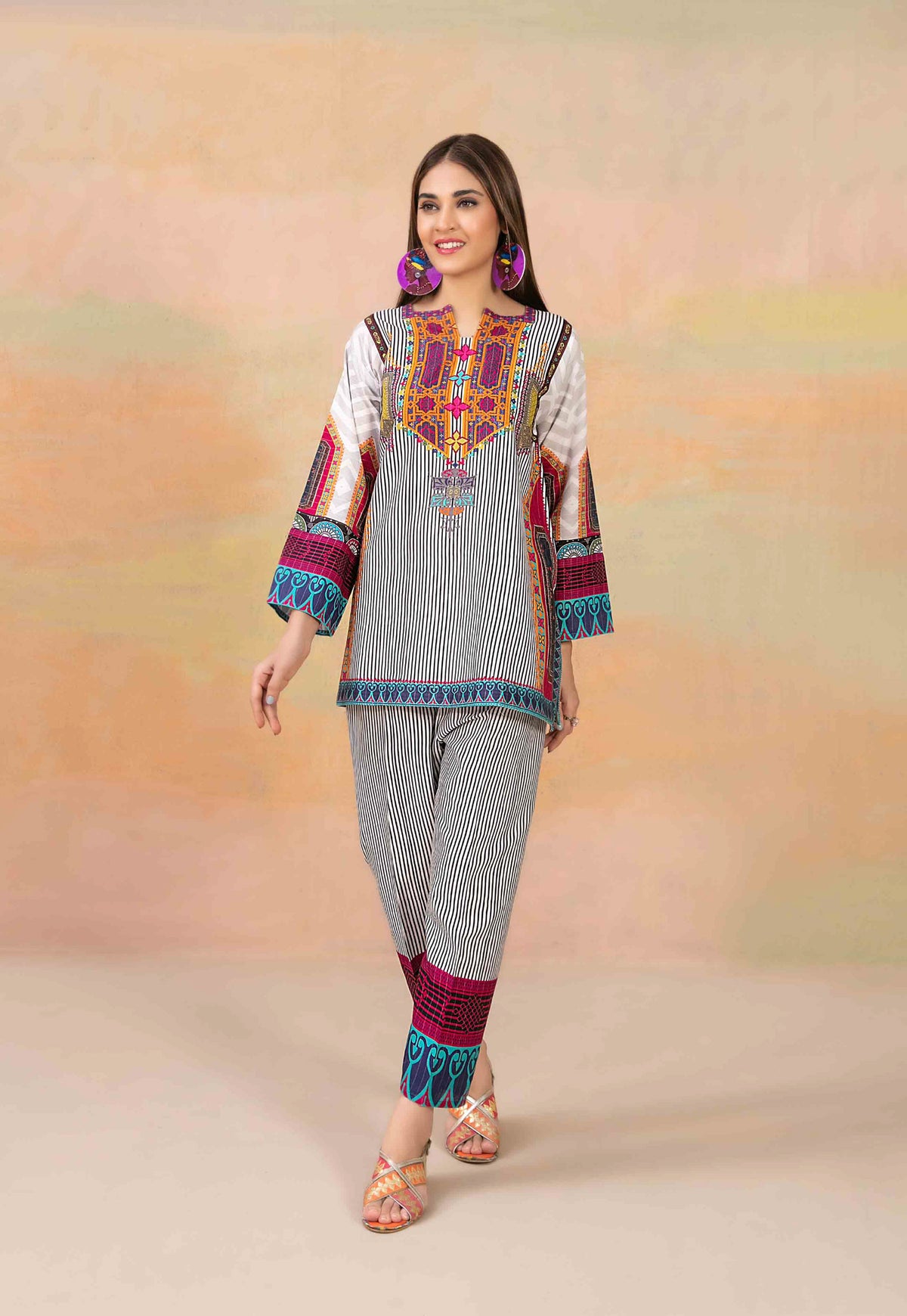 White and Black Striped Khaddar 2-Piece Suit with Multicolor Printed Borders