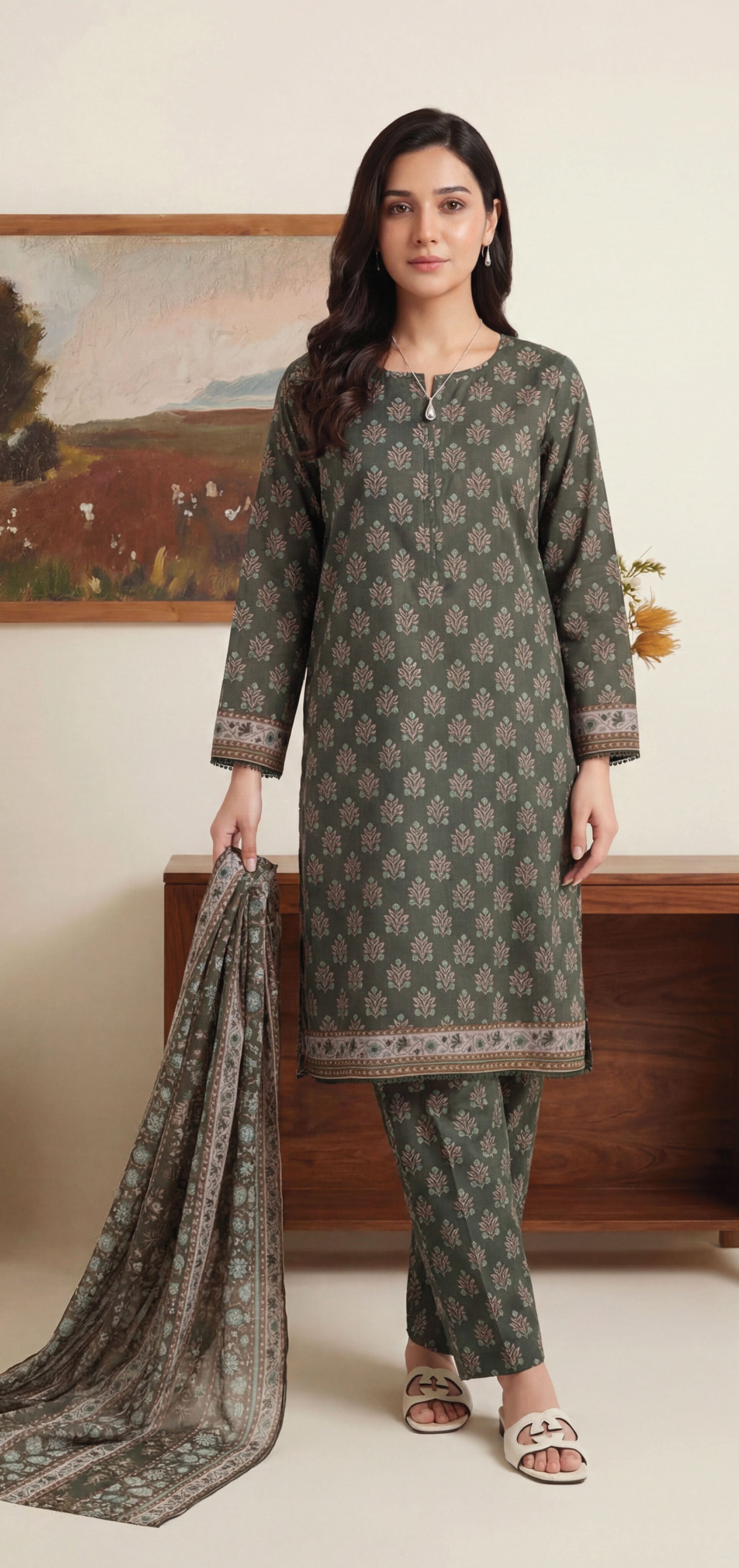Ash Brown Lawn Rotary Print 3PC Ready-to-Wear