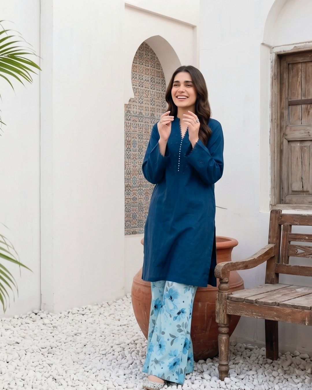 Navy Blue Modern Solid 2PC - Chic shirt with digital print trouser