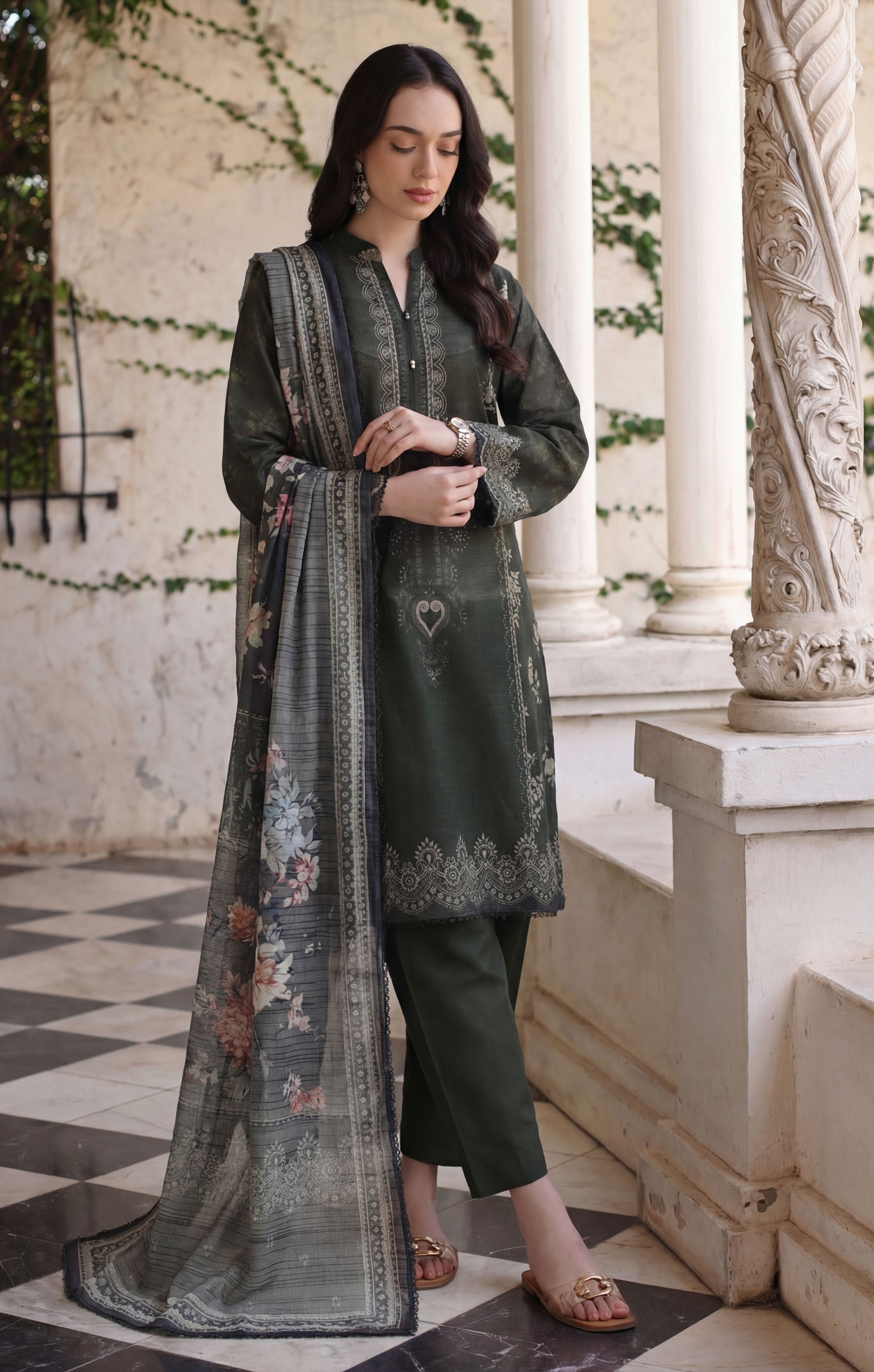 charcoal green 3pc Lawn Stitched Suit