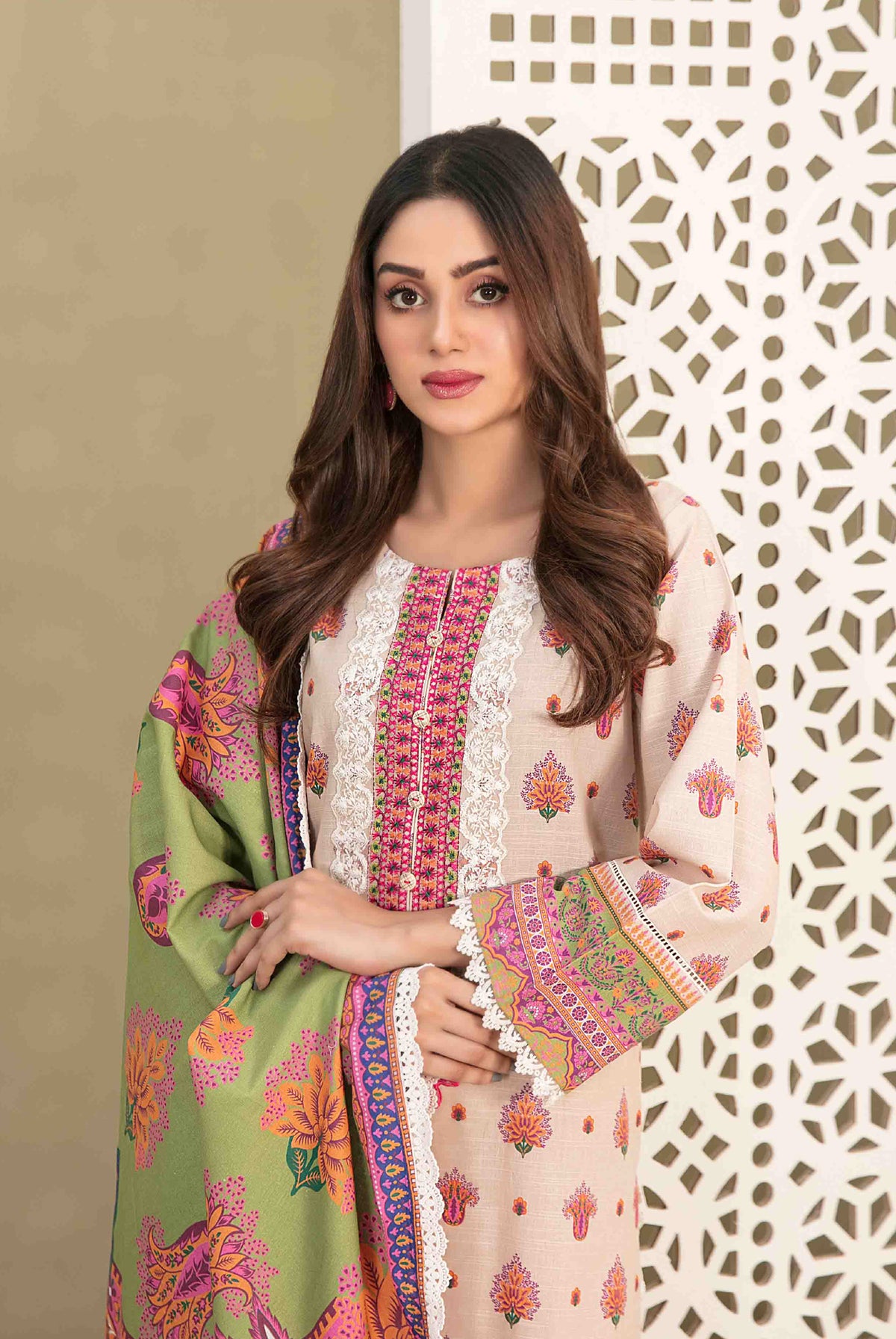 Beige Khaddar Embroidered 3-Piece Suit with Multicolor Printed Dupatta