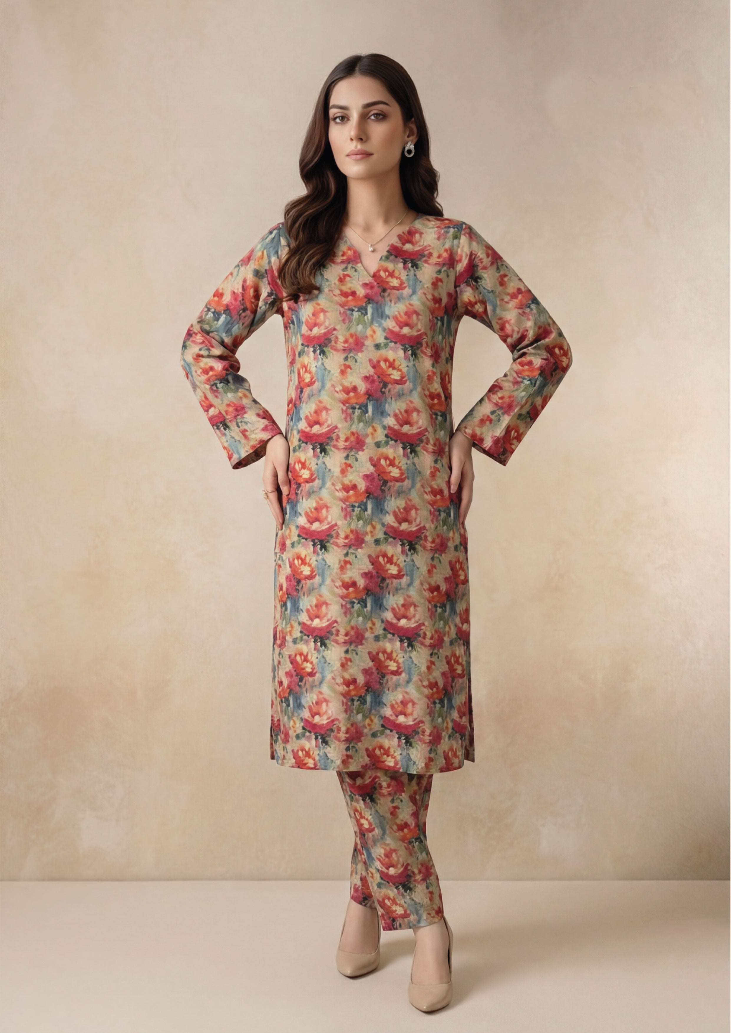 Warm Sand Linen Stitched Staple Digital print suit