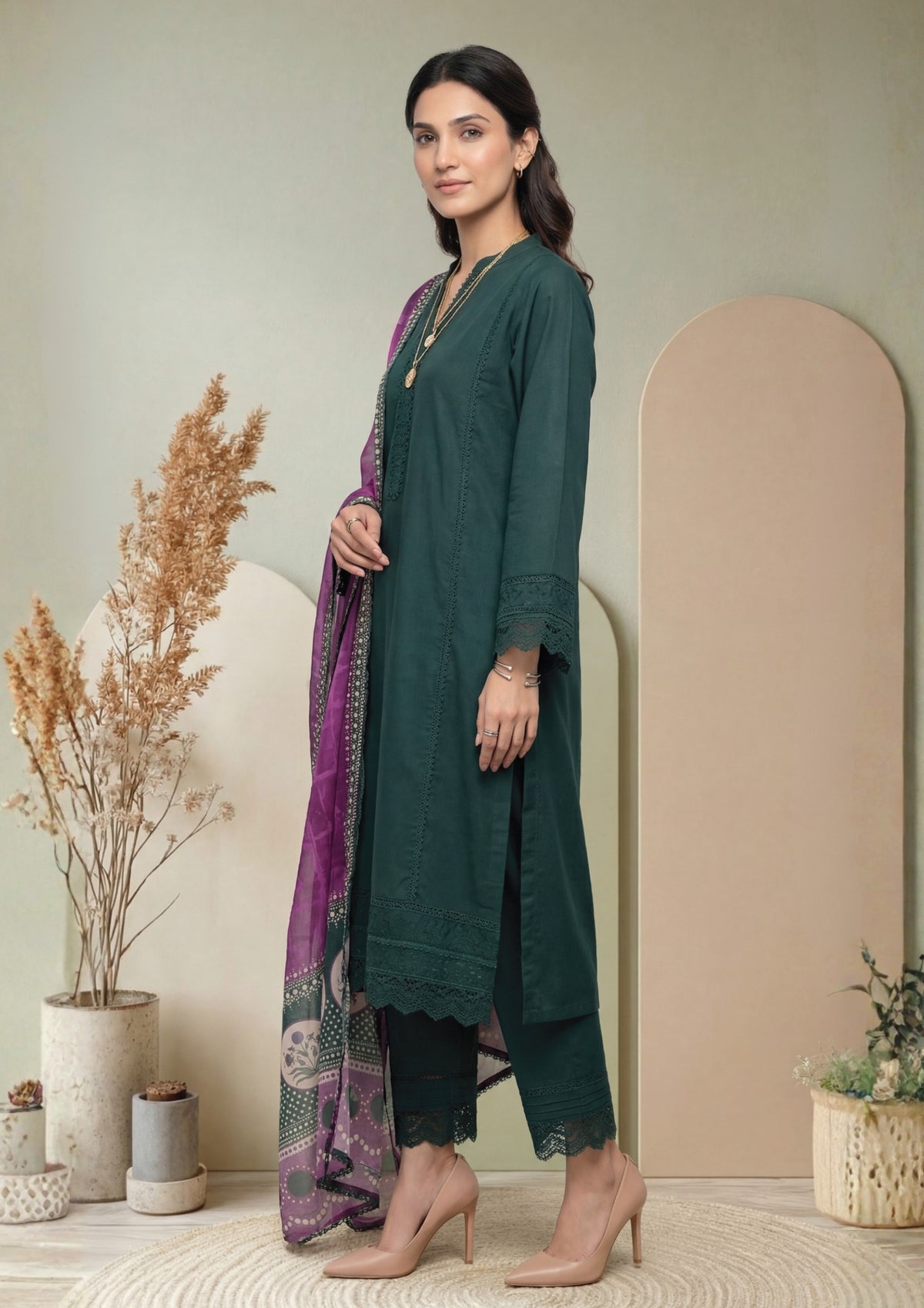 Deep Green Embroidered 3-Piece Suit with Purple Digital Print Dupatta
