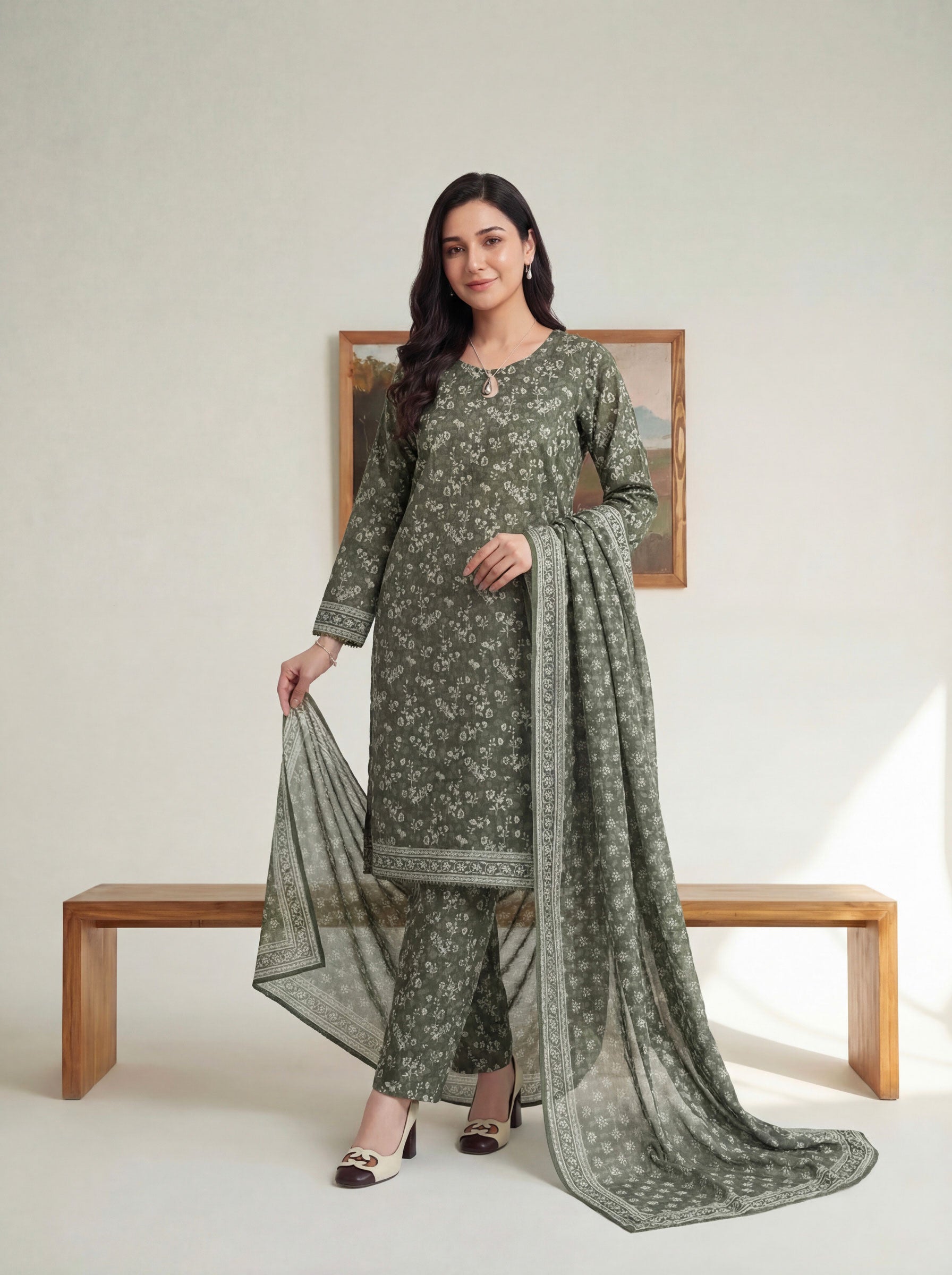 Dark Brown Gray Elite Lawn Rotary Print 3PC Ready-to-Wear