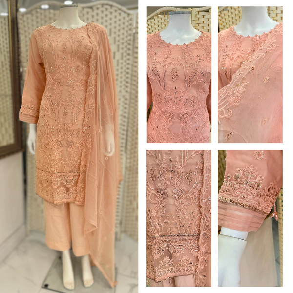 Embroidered Chiffon Suit - Blush