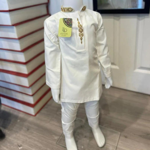 Kids Kurta Trouser - Off White/ Gold