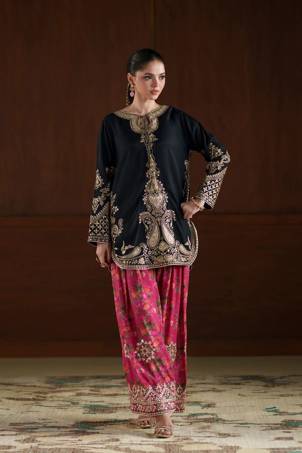 Ethnic inspired 3 pc outfit with printed silk scarf