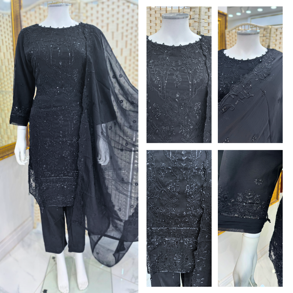 Embroidered Chiffon Suit - Black