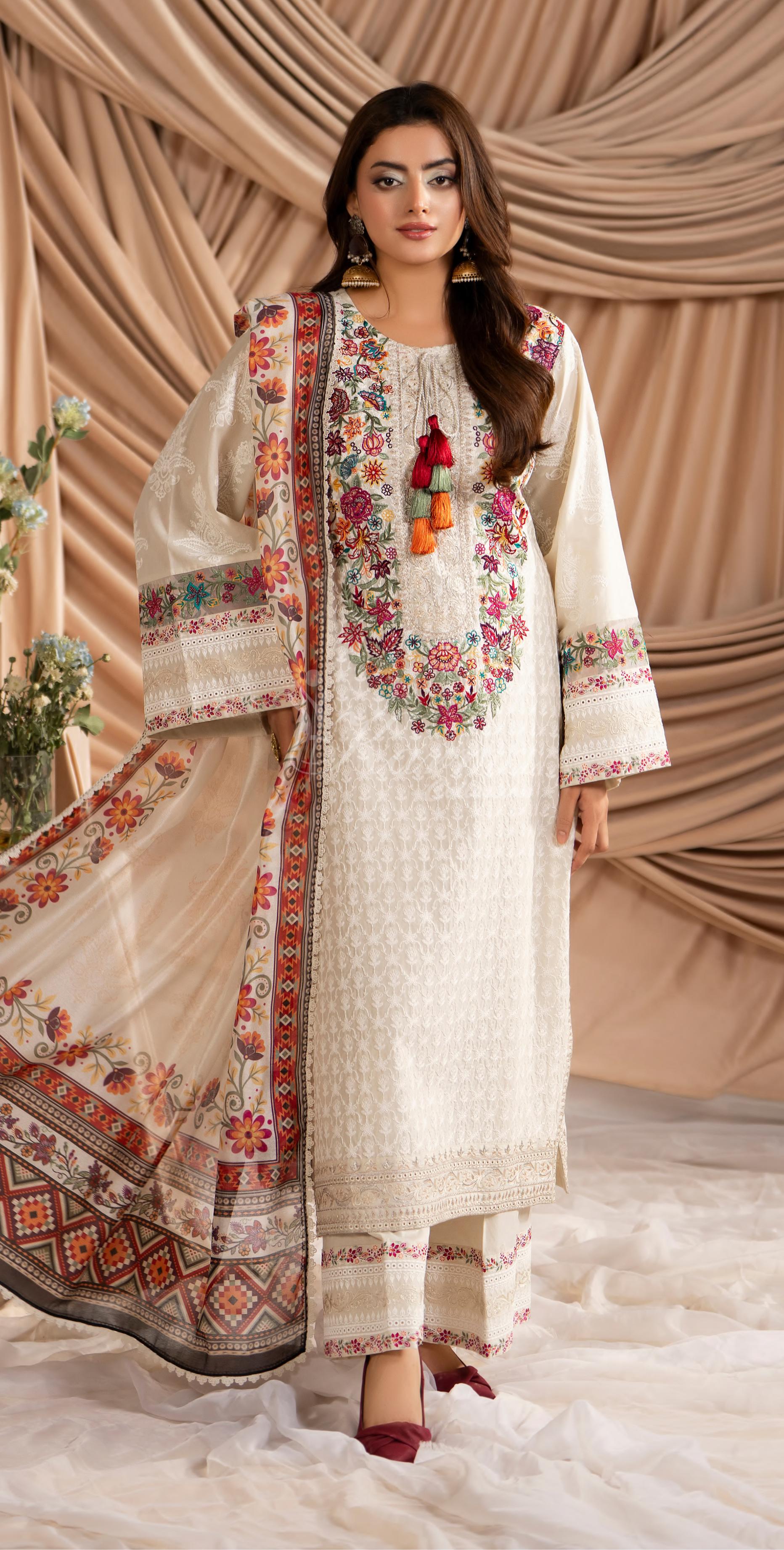 Warm Beige Karma Signature Embroidered 3 Piece suit