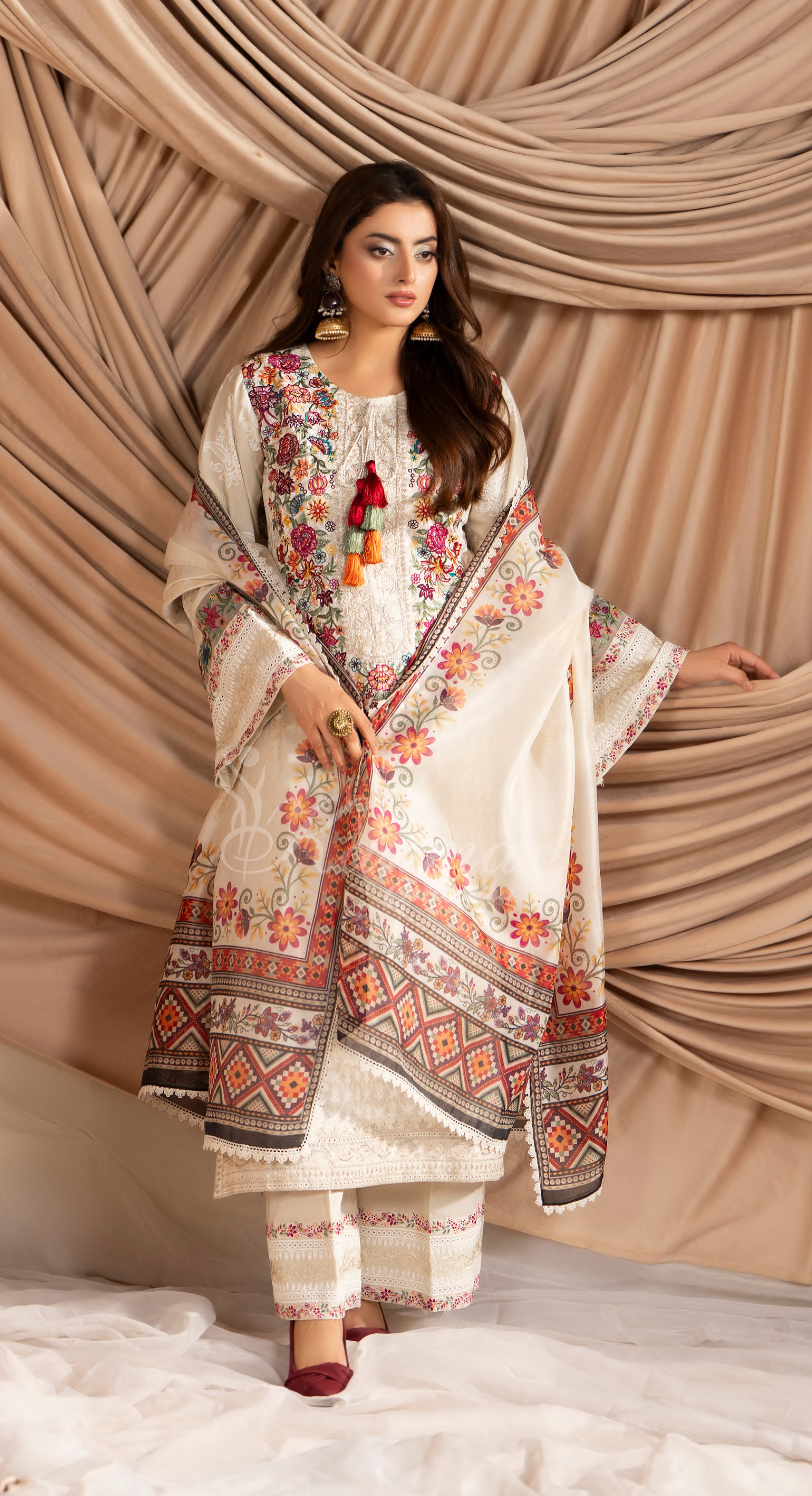 Warm Beige Karma Signature Embroidered 3 Piece suit