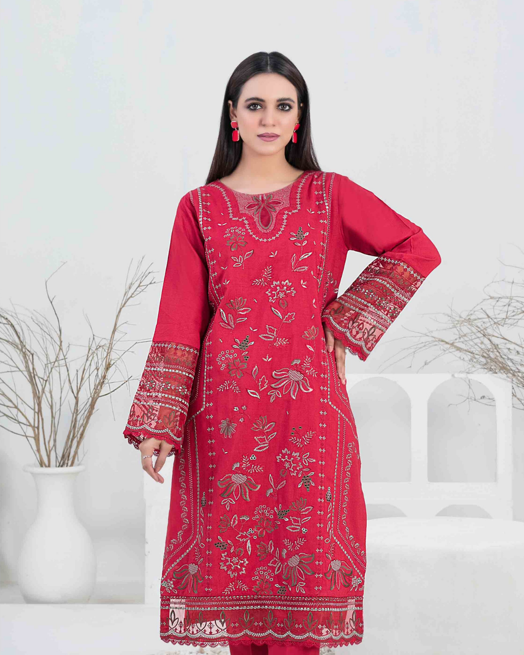 Red Embroidered Slub Linen 2-Piece Suit