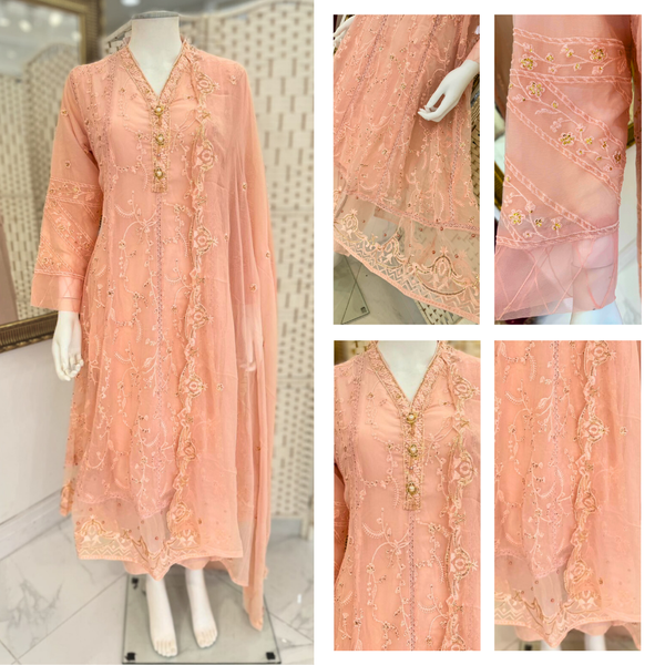 Embroidered Chiffon Suit - Light Salmon