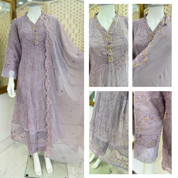 Embroidered Chiffon Suit - Lilac