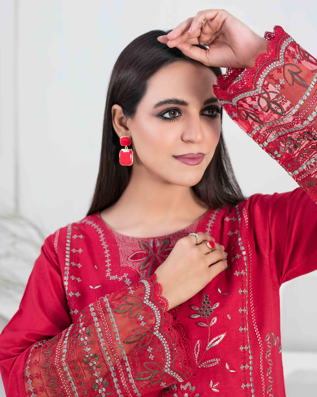 Red Embroidered Slub Linen 2-Piece Suit
