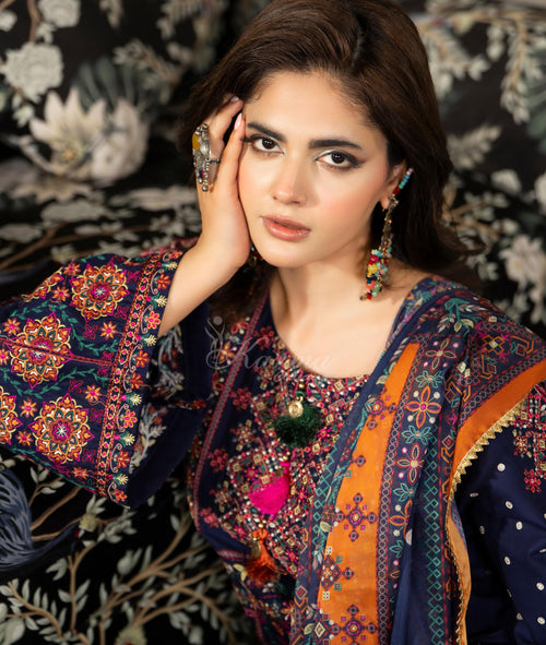 Dark Navy Karma Signature Embroidered 3 Piece suit