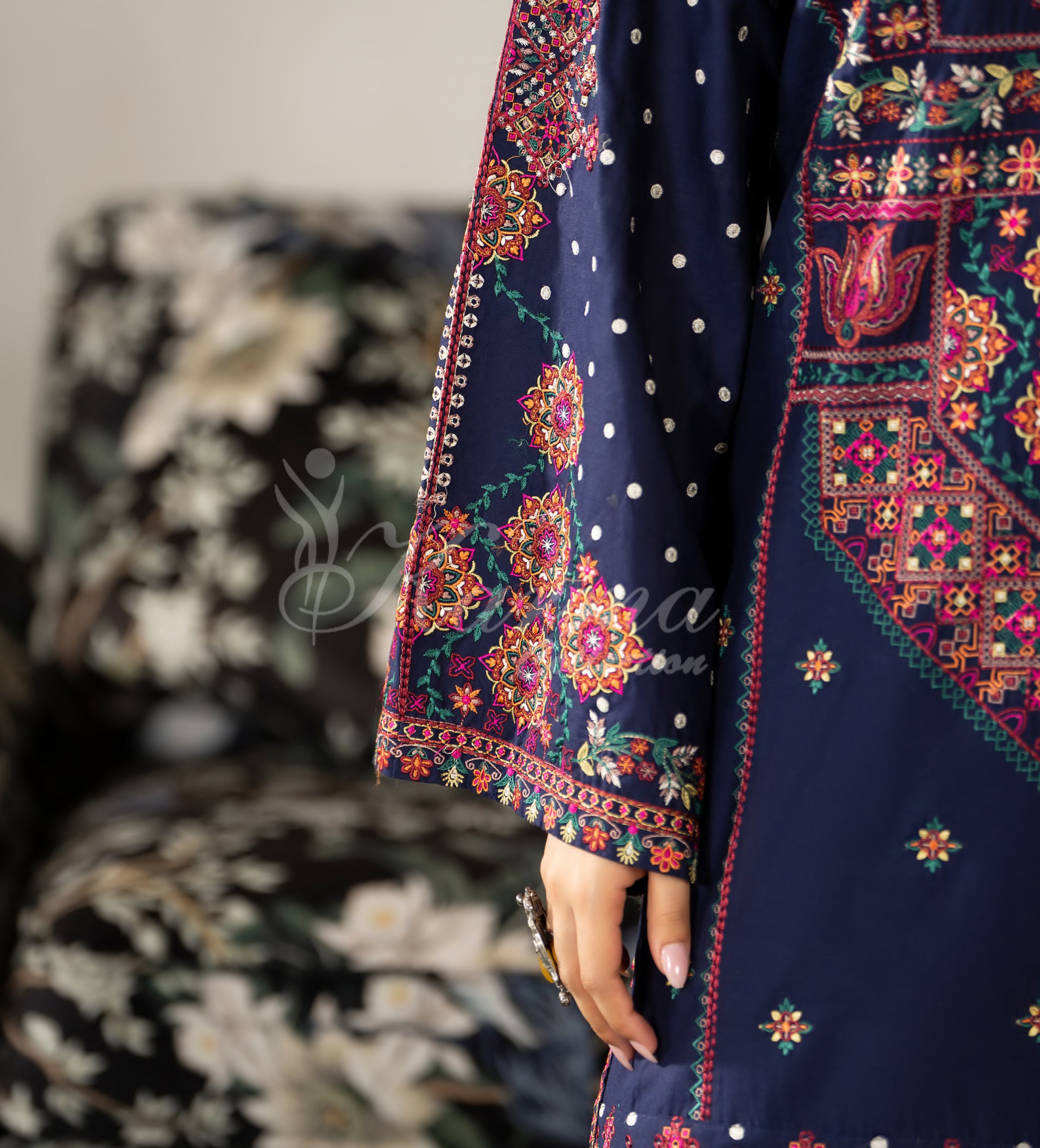 Dark Navy Karma Signature Embroidered 3 Piece suit