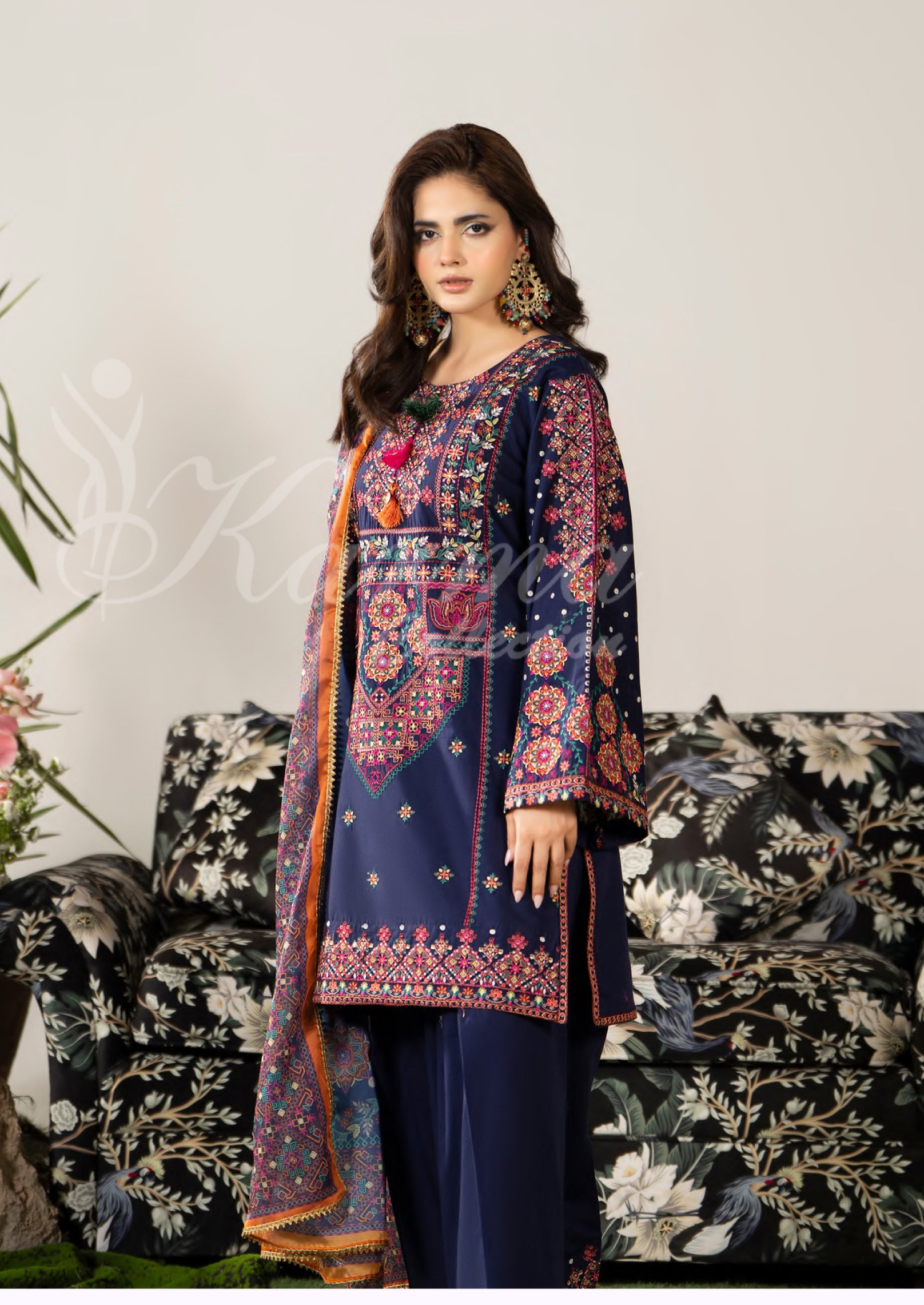 Dark Navy Karma Signature Embroidered 3 Piece suit