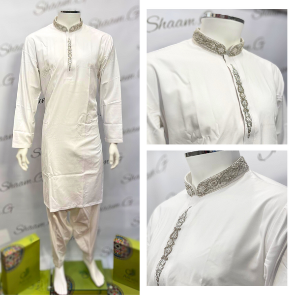 Embroidered Menswear - White with Silver