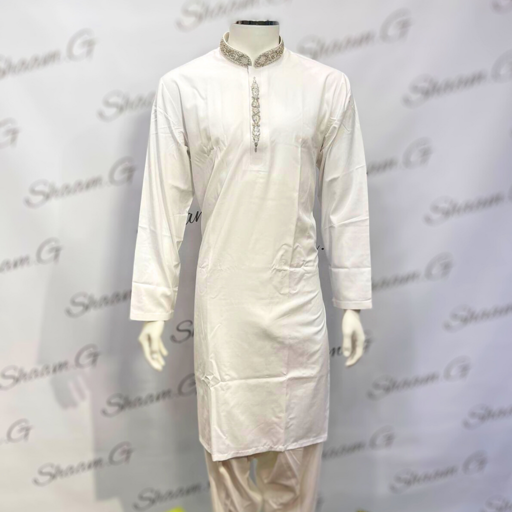 Embroidered Menswear - White with Silver