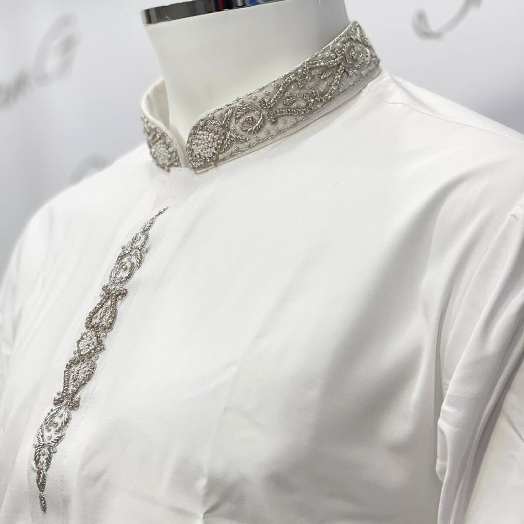 Embroidered Menswear - White with Silver