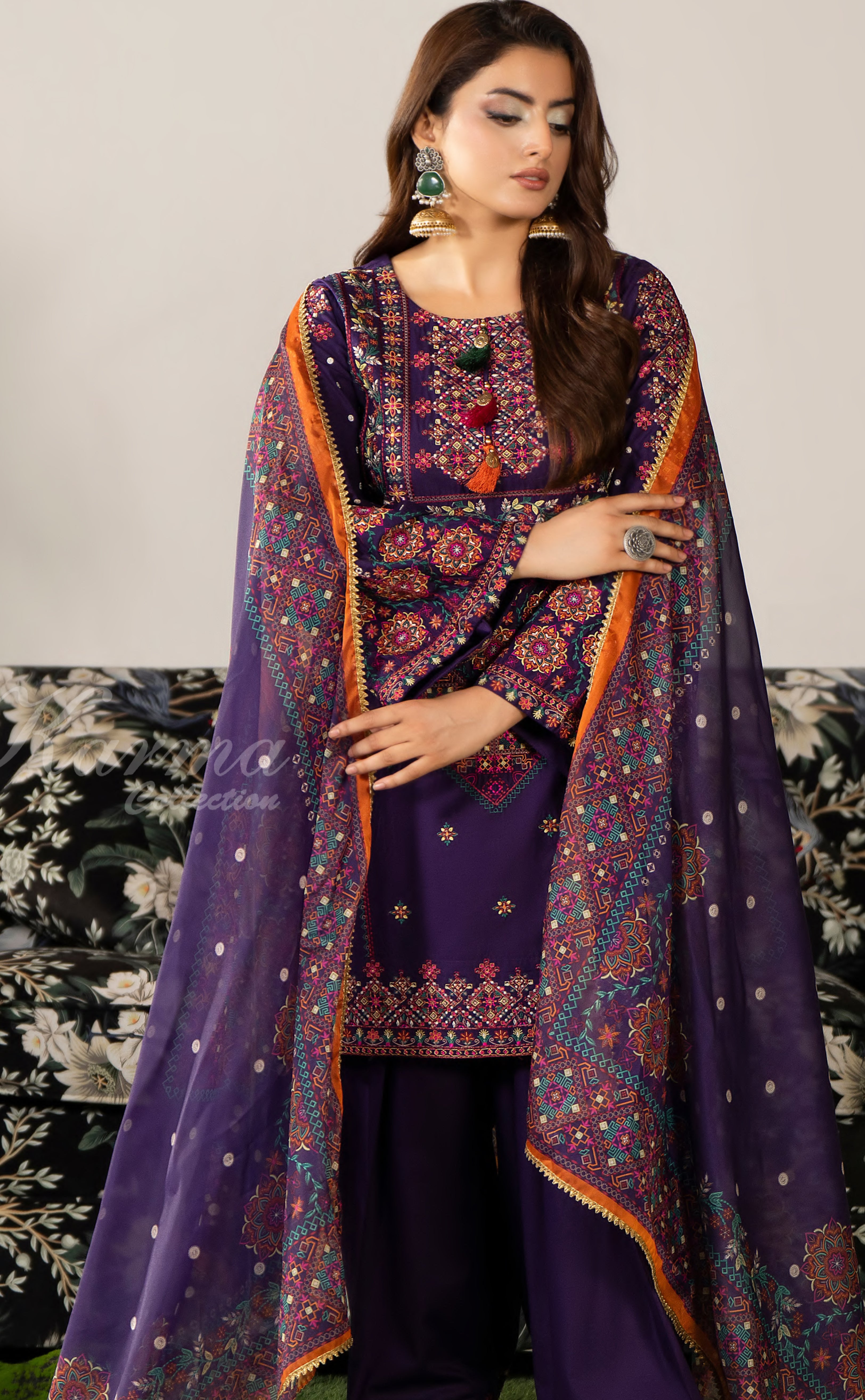 Dark Plum Karma Signature Embroidered 3 Piece suit