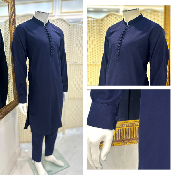 Loop Buttoned Kameez Trousers - Navy Blue