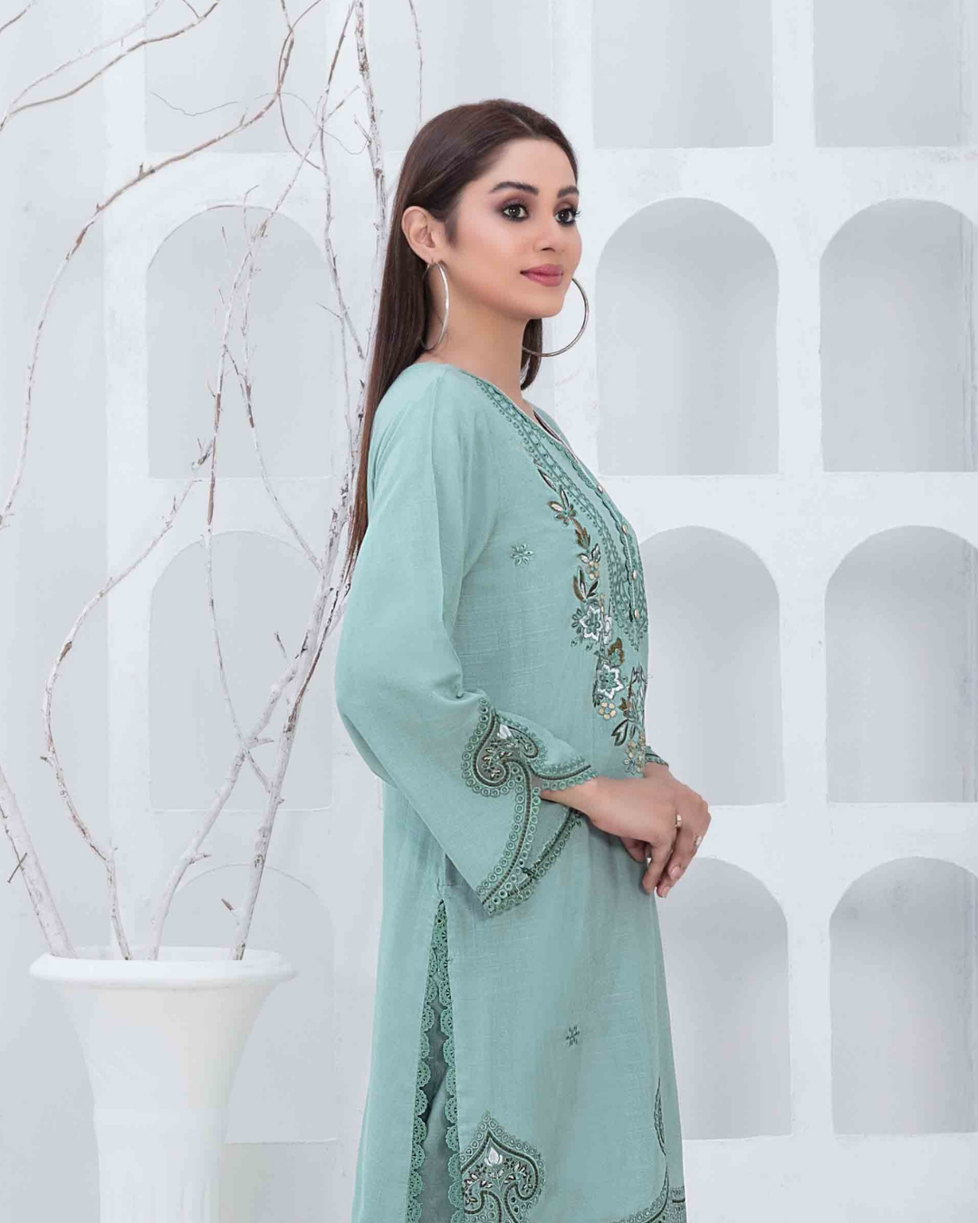 Mint Green Embroidered Slub Linen 2-Piece Suit